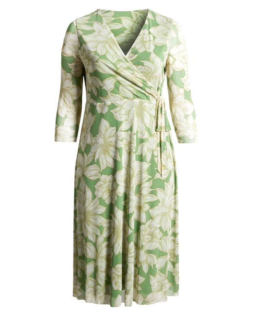 Anne Klein Green Floral Faux Wrap Mesh Midi Dress