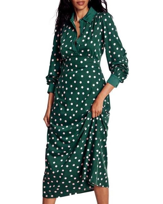 Boden Green Polka Dot Empire Waist Long Sleeve Dress