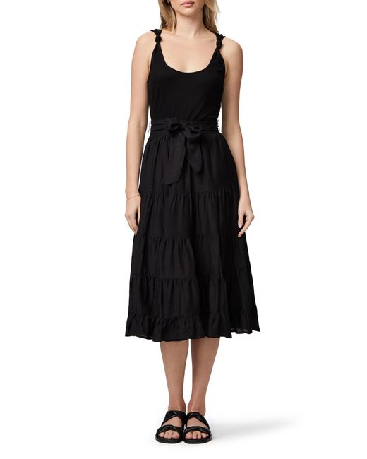 PAIGE Samosa Tie Waist Tiered Midi Dress in Black | Lyst