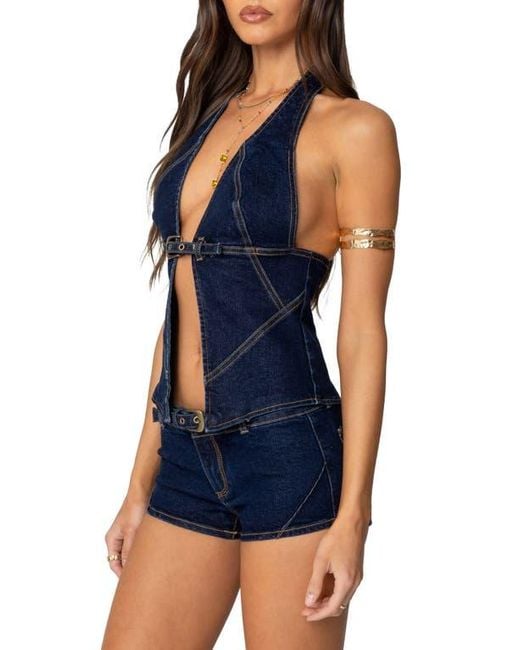Edikted Blue Ciel Split Front Denim Halter Top