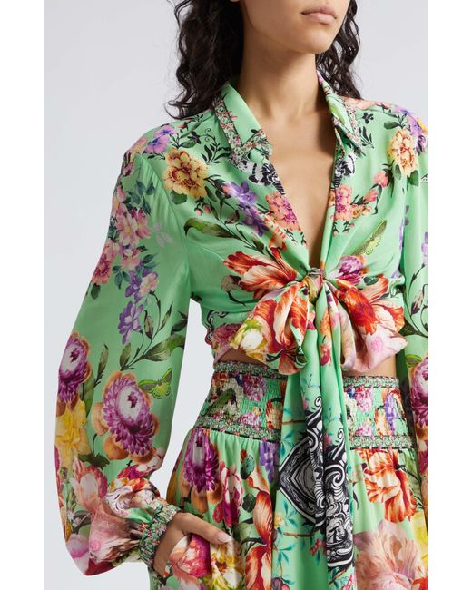 Camilla White Print Tie Front Silk Crepe Crop Shirt At Nordstrom