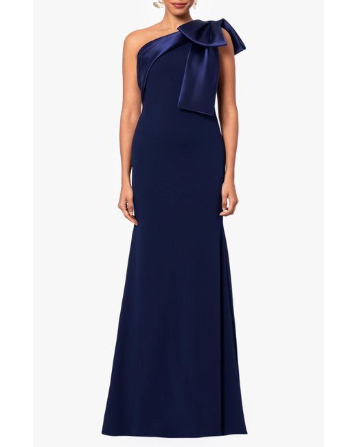 Betsy & Adam Blue Bow One-shoulder Crepe Mermaid Gown