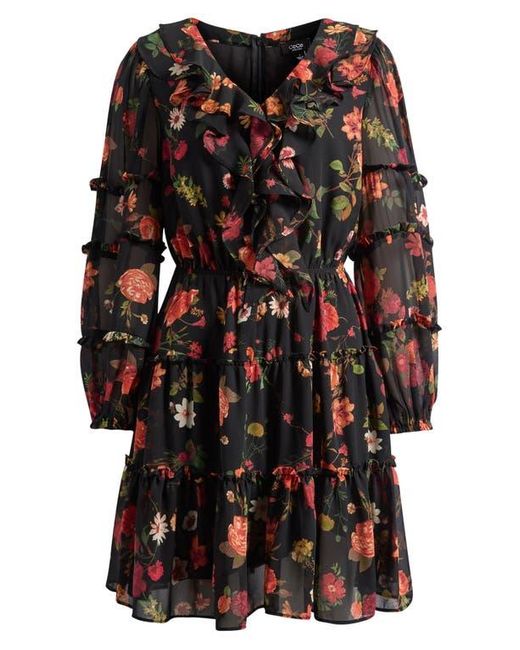Cece Black Floral Long Sleeve Ruffle Dress