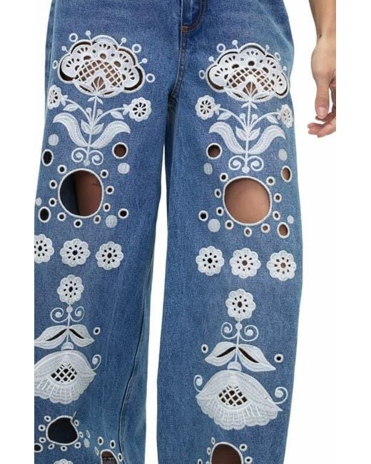 Cynthia Rowley Blue Embroidered Wide-Leg Jean