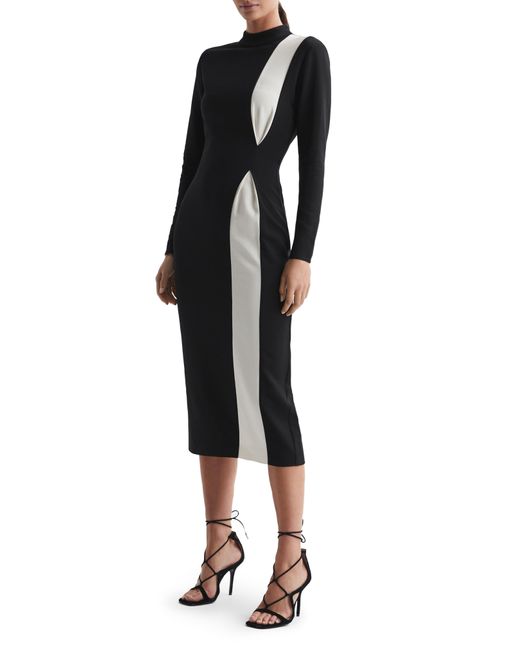Reiss Black Millie Colorblock Long Sleeve Midi Dress