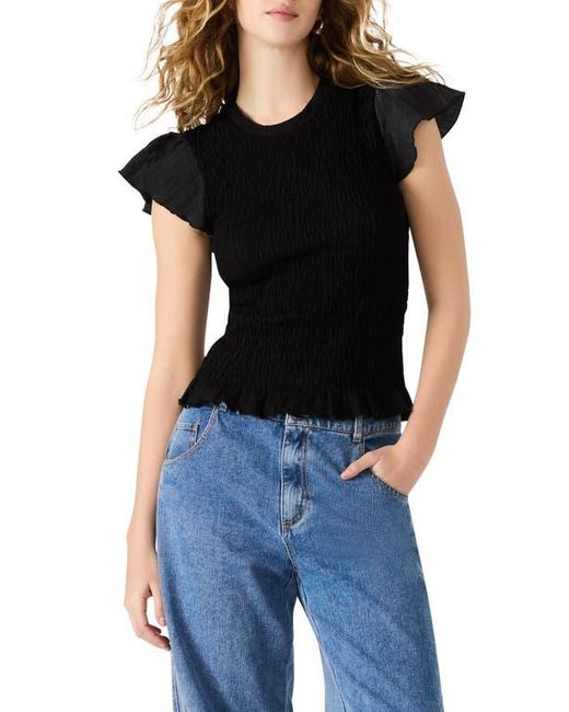 Steve Madden Black Cecilie Smocked Ruffle Cotton Sleeve Top