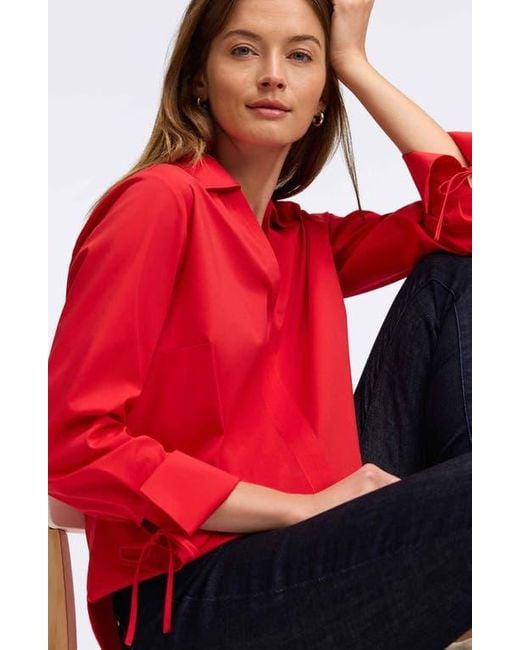 Foxcroft Red Carla Tie Cuff Cotton Blend Popover Top