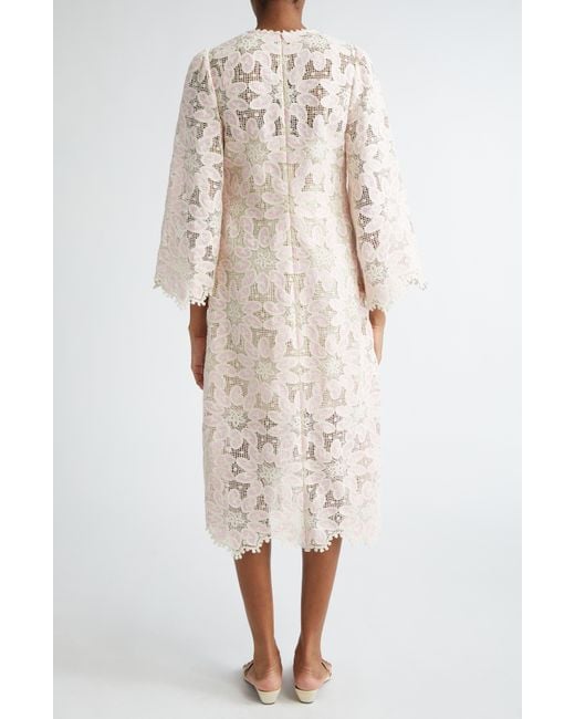 Zimmermann Natural Ottie Long Sleeve Guipure Lace Cotton Blend Midi Dress