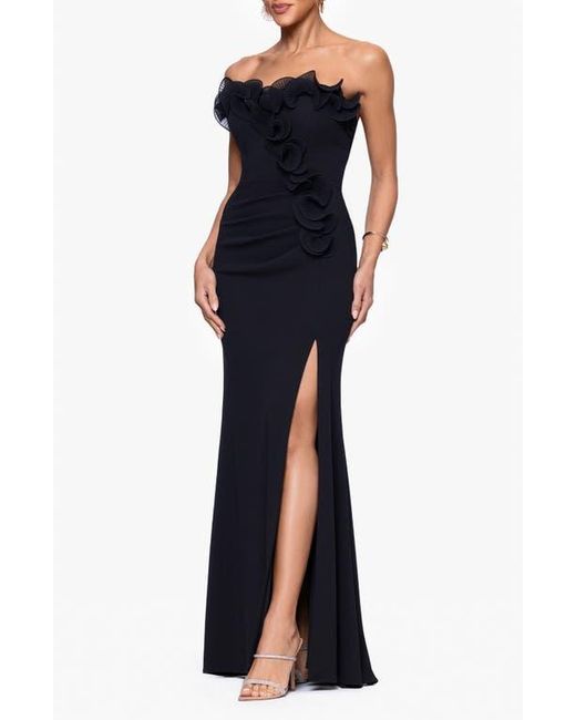 Xscape Evenings Blue Ruffle Detail Strapless Scuba Crepe Sheath Gown