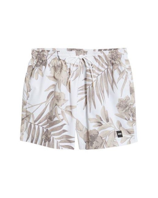 Boss White Piranha Floral Swim Trunks for men