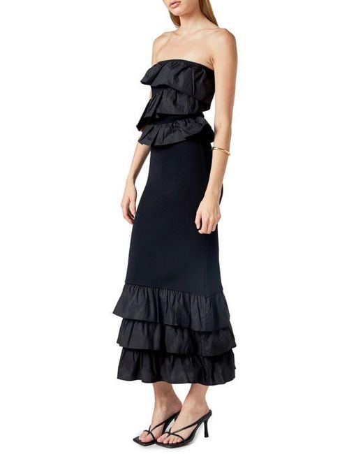 Endless Rose Black Ruffle Detail Mixed Media Strapless Dress