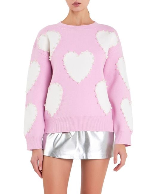 English Factory White Heart Imitation Pearl Sweater