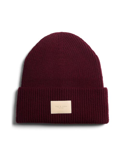 Rag & Bone Red Blake Logo Patch Wool Blend Rib Beanie