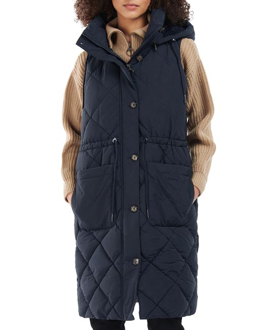 Barbour Orinsay Faux Fur Trim Longline Hooded Vest in Blue Lyst