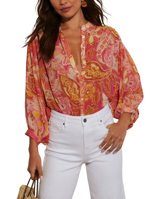 Vici Collection Red maggie Floral Chiffon Button-up Shirt