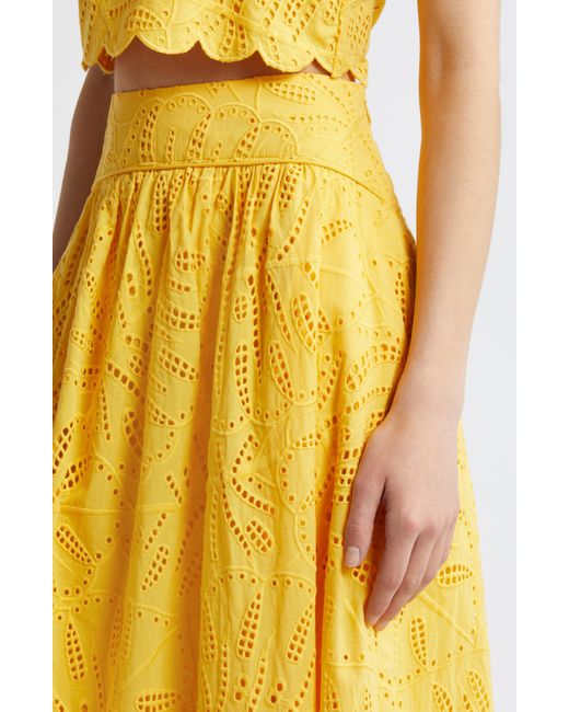 Farm Rio Yellow Monstera Eyelet Embroidered Cotton Skirt
