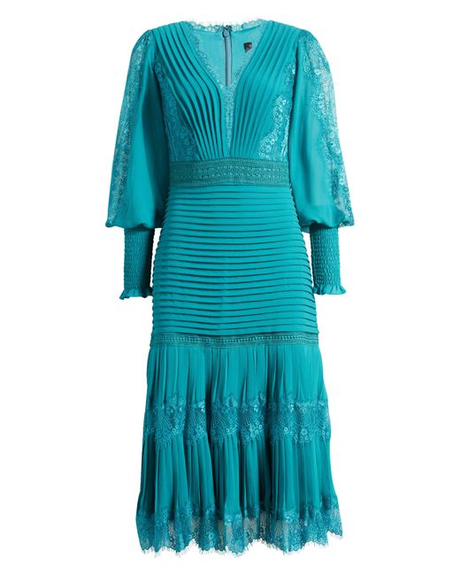 Tadashi Shoji Blue Lace Pintuck Long Sleeve Cocktail Dress