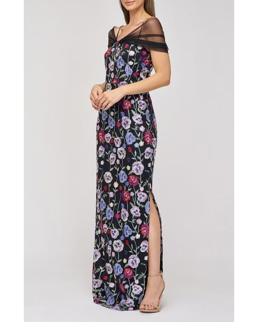 JS Collections White Stormi Floral Embroidery Mesh Sleeve Gown