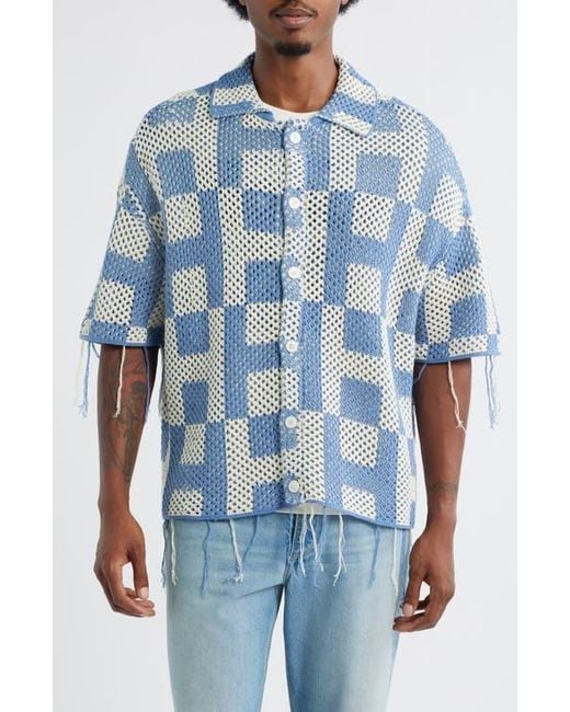 Honor The Gift Blue Fringe Open Stitch Button-Up Shirt for men