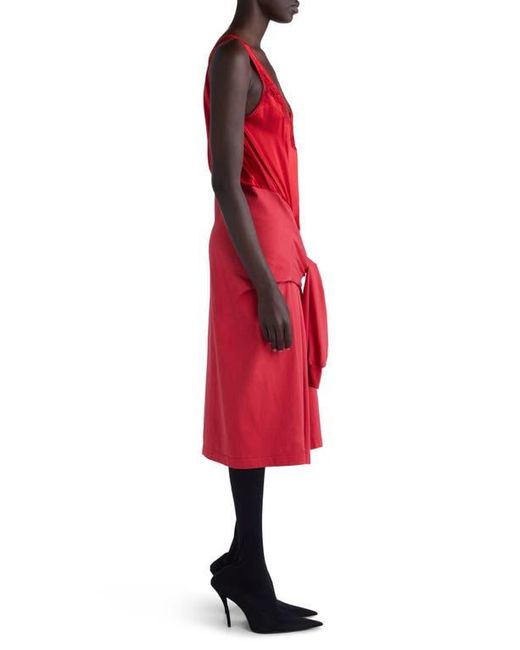 Balenciaga Red Hybrid Mixed Media Tie Waist Silk & Cotton Dress