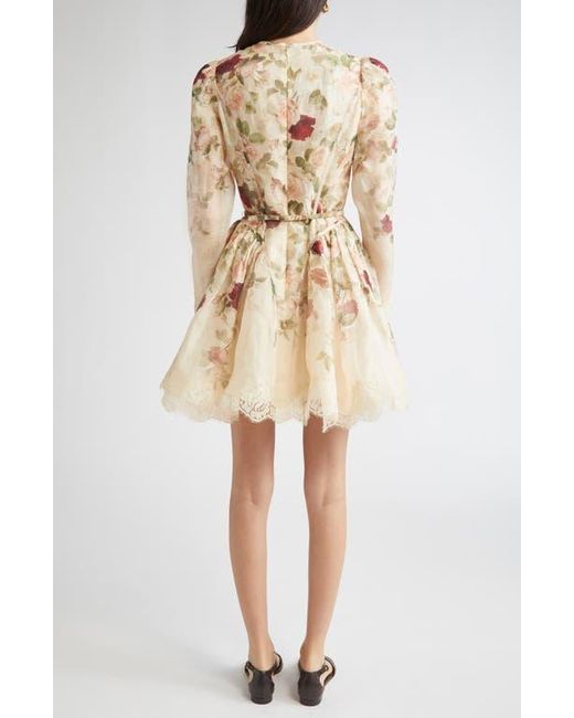 Zimmermann Natural Hypnotic Lace Trim Long Sleeve Belted Linen & Silk Minidress