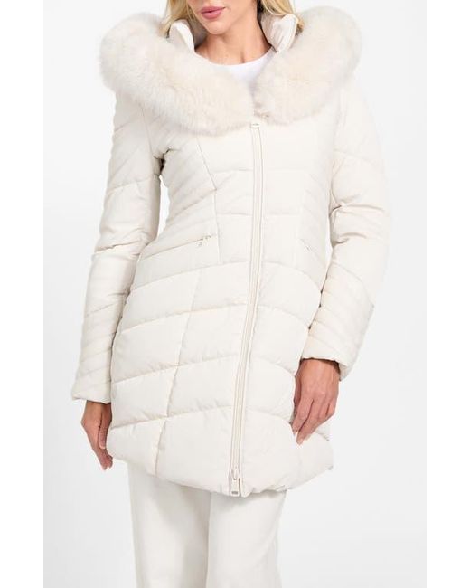 Guess White New Oxana Mixed Media Puffer Coat