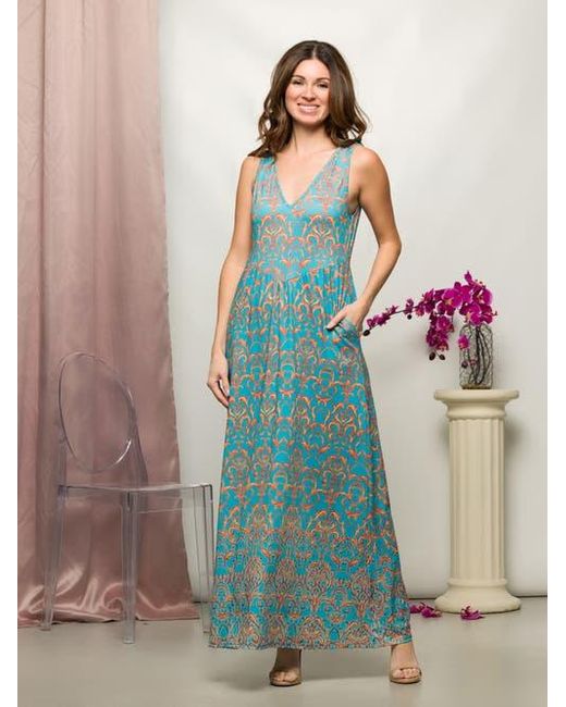 24seven Comfort Apparel Blue Sky Sleeveless V-Neck Maxi Dress With Pockets