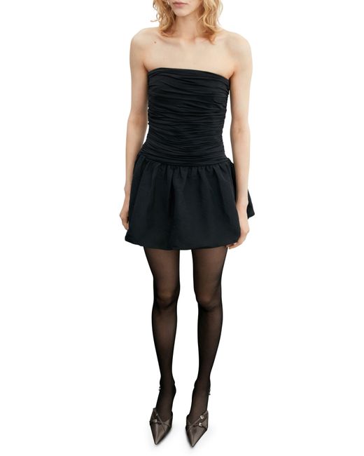 Black Strapless Short Dress with Ruched Side