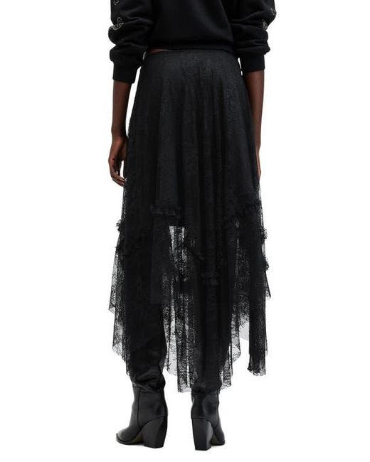 AllSaints Black Josie Asymmetric Tiered Lace Midi Skirt