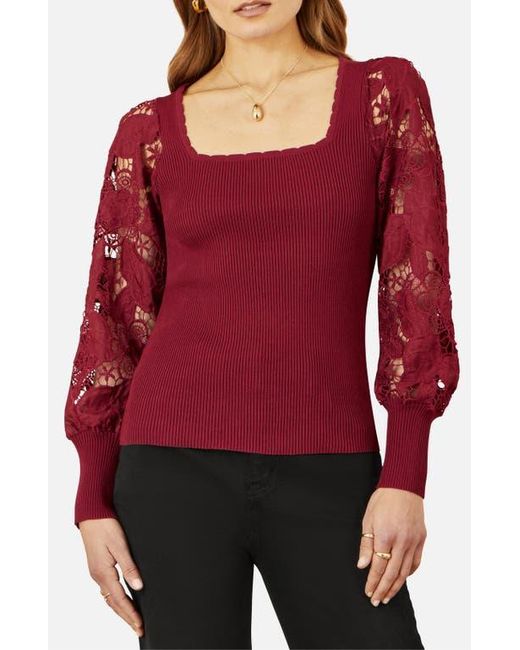 Yumi' Red Ribbed Knitted Lace Sleeve Top