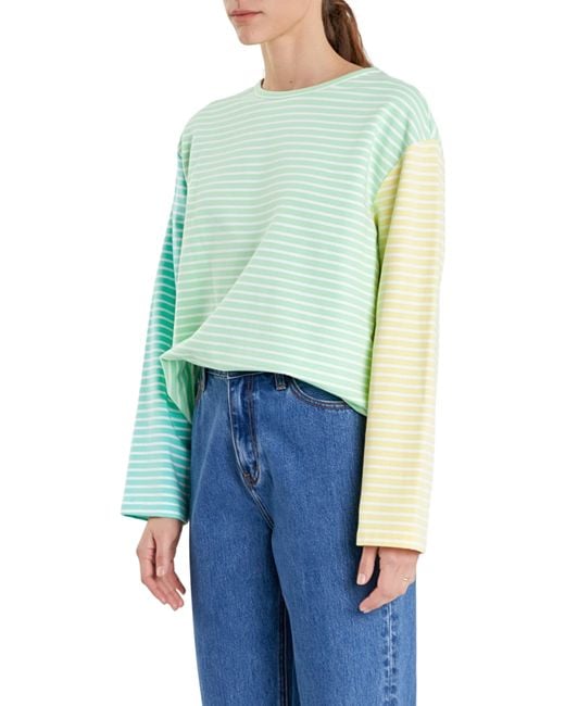 English Factory Blue Colorblock Stripe Long Sleeve Stretch Cotton Top