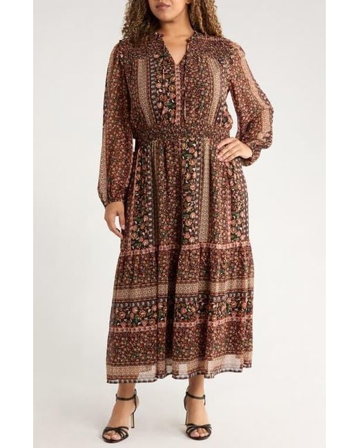 Gibsonlook Brown The Leyla Print Smocked Long Sleeve Maxi Dress