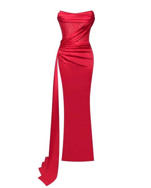 Miss Circle Red Holly Corset Crystallized High Slit Evening Gown
