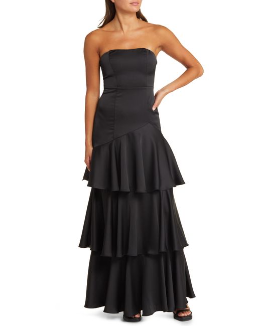 Lulus Black Blissfully Beautiful Strapless Tiered Satin Gown