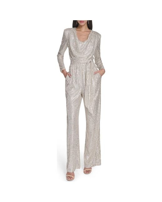 Eliza J Gray Draped Neck Long Sleeve Sequin Jumpsuit
