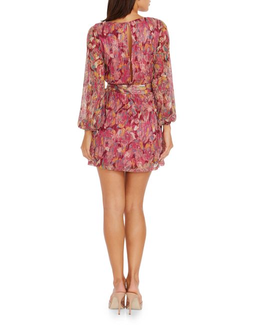Dress the Population Red Kirsi Long Sleeve Metallic Floral Minidress