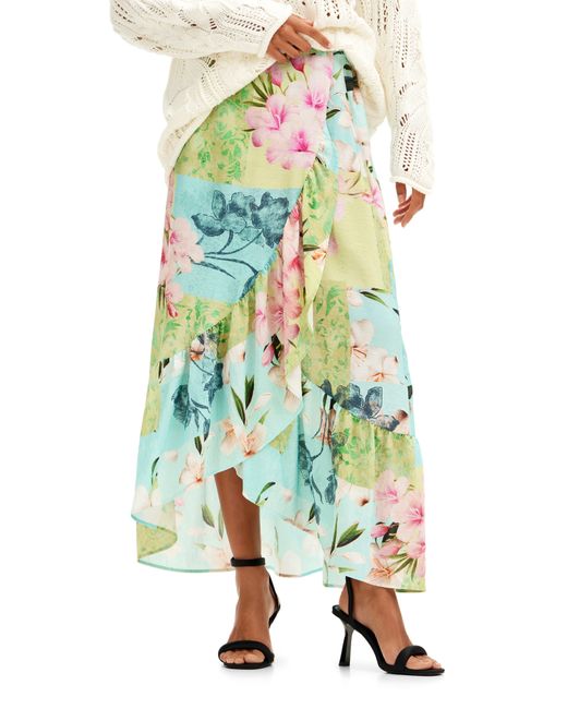 Desigual Green Fal Tropi Floral Print Wrap Skirt
