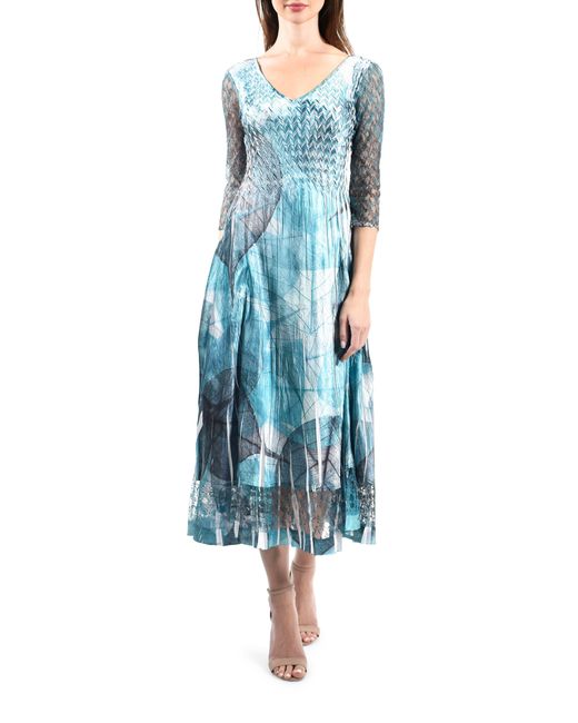 Komarov Blue Abstract Print Charmeuse & Lace Cocktail Midi Dress