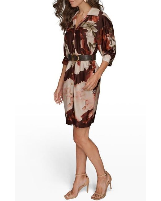 Donna Karan Brown Floral Print Belted Shirtdress