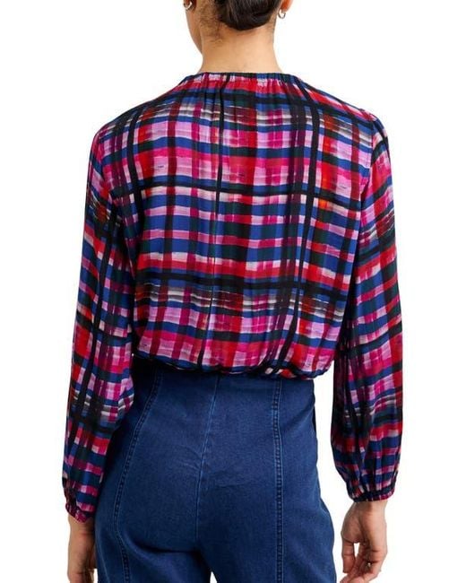 Bella Dahl Blue Plaid Shirred Bubble Top