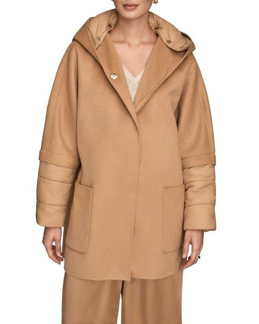 Donna Karan Natural Mixed Media Puffer Sleeve Wool Blend Coat
