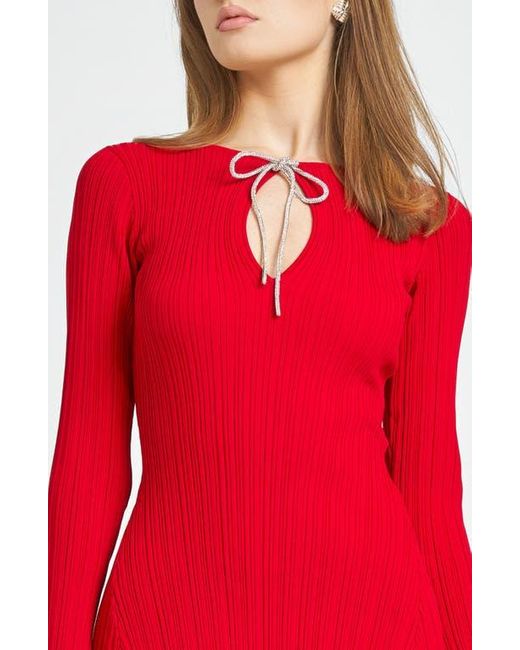 Wayf Red Talk Embellished Bow Long Sleeve Minidress