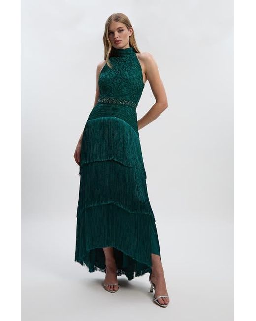 Karen Millen Green Beaded Halter Neck Woven Maxi Dress