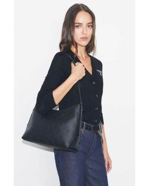 Tory Burch Black T Monogram Pebble Leather Messenger Bag