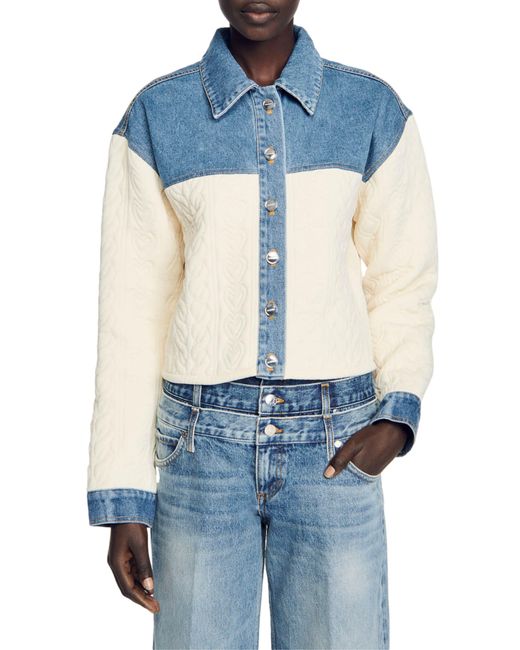 Sandro Blue Ralph Quilted Denim Mixed Media Jacket