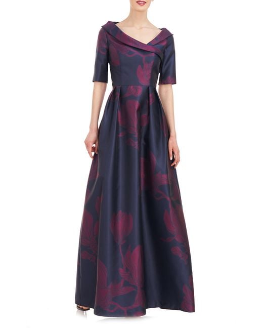 Kay Unger Purple Coco Floral Print Gown
