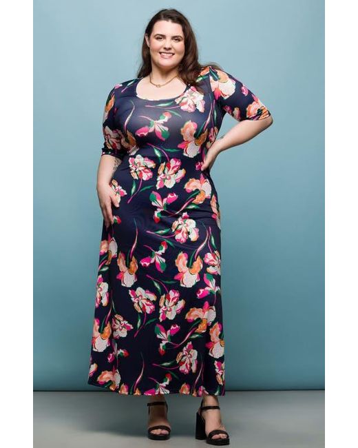 24seven Comfort Apparel Blue Floral Knit Maxi Dress