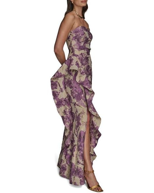 Donna Karan Purple Floral Ruffle Strapless Jacquard Trumpet Gown
