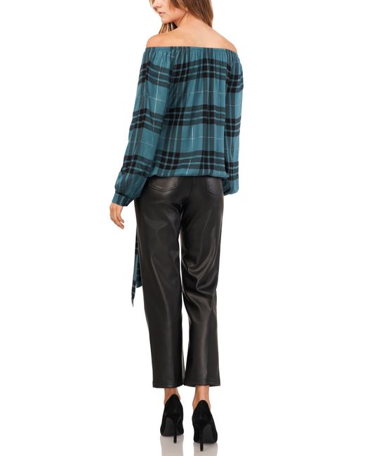 Vince Camuto Gray Metallic Plaid Off The Shoulder Top