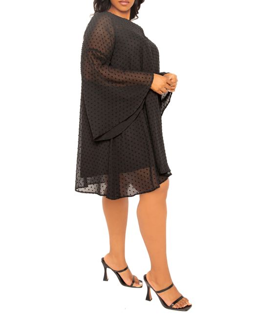 Buxom Couture Black Swiss Dot Long Sleeve Chiffon Shift Dress
